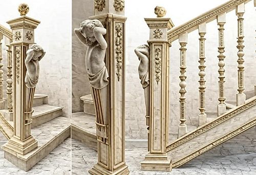 Luxurious staircase with marble steps, massive balusters, and decorative post in the form of a figure