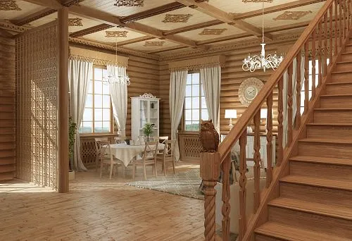 Stylish interior with wooden elements used for space zoning.