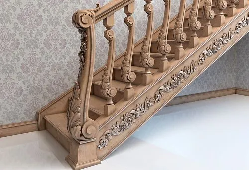 Wooden balusters with carving and column with decorative carved finial