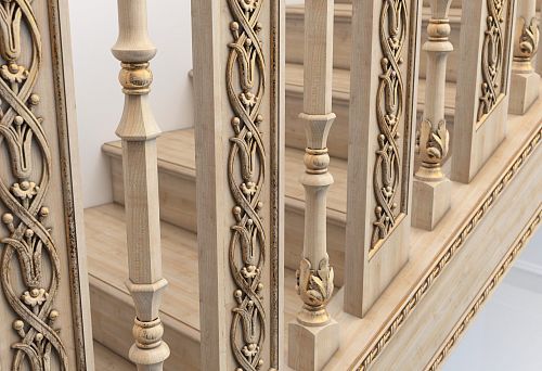 Light Wooden Stair Supports and Balusters with Artistic Carvings and Gold Patina