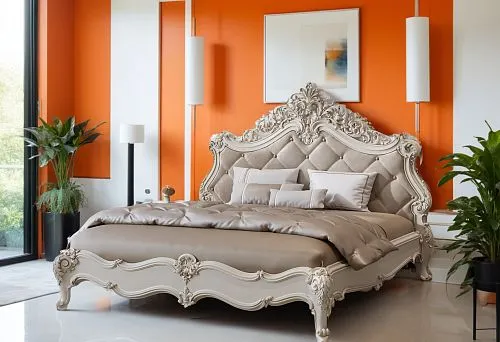 Elegant wooden bed with soft headboard in the bedroom interior