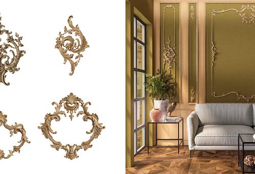 Decorative carved appliqu&eacute;s for furniture and walls, luxurious wooden elements on a light-colored living room wall