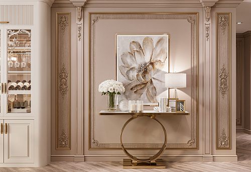 Russian-Italian furniture in a classic interior with a console table and wall decor