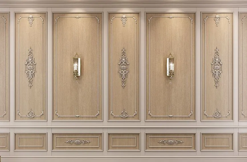 Classic wall panels with stucco and built-in sconces, luxurious interior with decorative moldings and carved appliqu&eacute;s