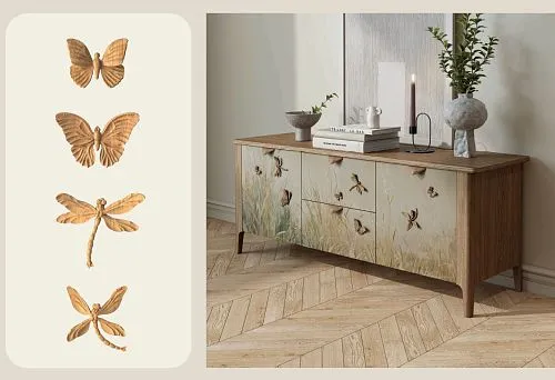 Wooden decorative appliqu&eacute;s in the shape of butterflies and dragonflies for furniture and interiors.