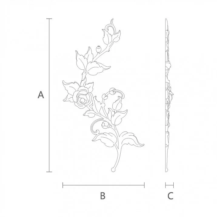 Decorative Wooden Element with Branch and Flower N-468R Drawing