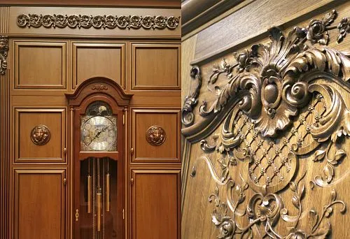Detail of Carved Wooden Decoration with Elegant Ornamentation and Three-Dimensional Elements.