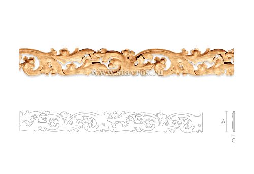 Carved wooden window frame with floral ornament and curved contour