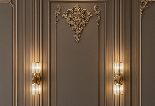 Elegant interior with wooden column and decorative carving