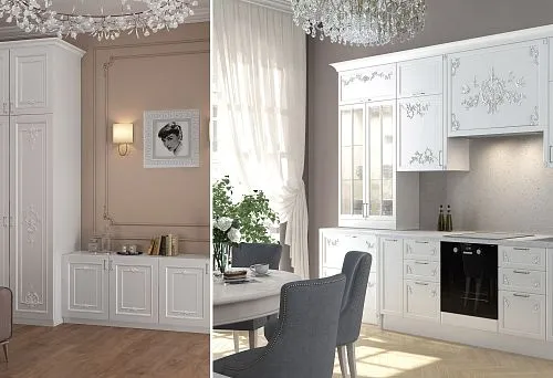 Classic Kitchen and Cabinet with Carved Decorative Elements on Doors, Interior Decoration in Light Tones.
