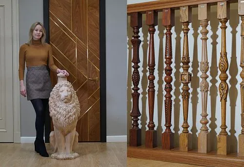 Variety of wooden carved balusters for staircases, as well as artistic wood carving