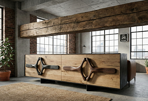 деревянная балка и тумба с крупными органическими мебельными ручками в индустриальном интерьере