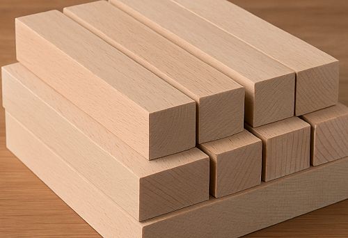 Oak beams &mdash; perfectly straight, light-colored stock, stacked in a pile