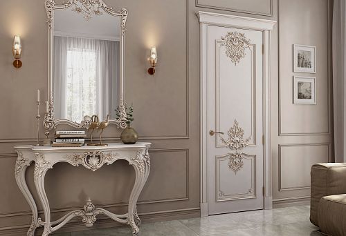Italian wooden furniture in a classic interior with a console and mirror