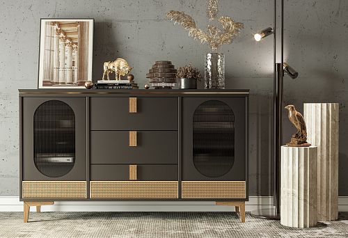 Modern chest of drawers in the 2025 style with dark fronts, wooden elements, and inserts of glass and rattan