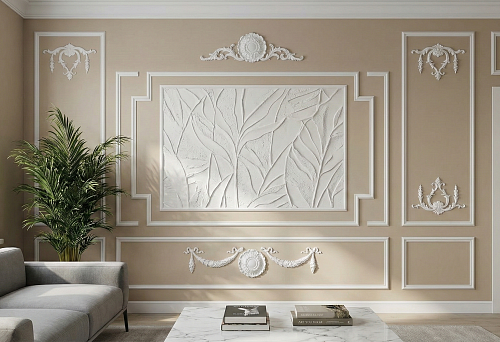 Modern living room with wall compositions of polyurethane molding and large decorative panel.