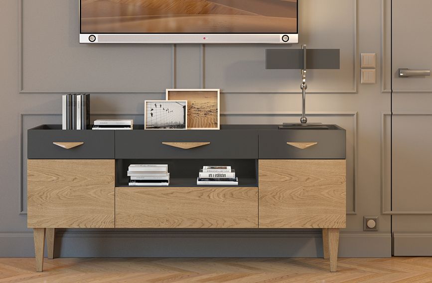 Idea for styling the KMD-035 cabinet using legs MN-146, furniture handles HL-001, and wooden molding MLD-002 on the wall.