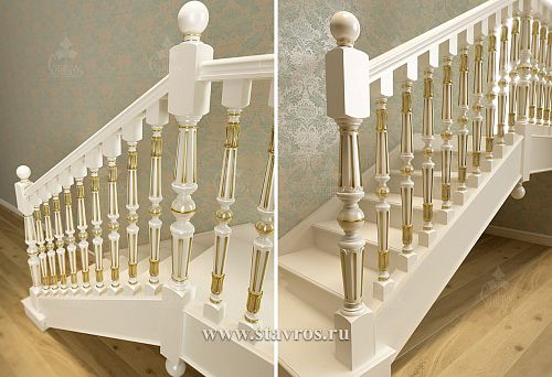 White Balusters with Gold Inlays &mdash; Elegant Solution for Premium Staircases