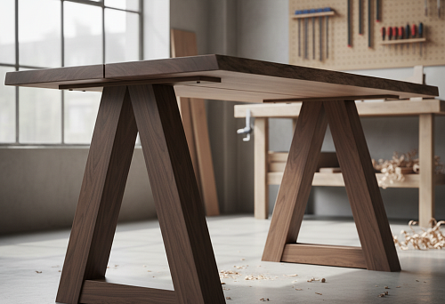 Деревянная столешница, установленная на массивных А-образных деревянных опорах в столярной мастерской, с видимыми крепёжными узлами и рабочими инструментами на фоне.