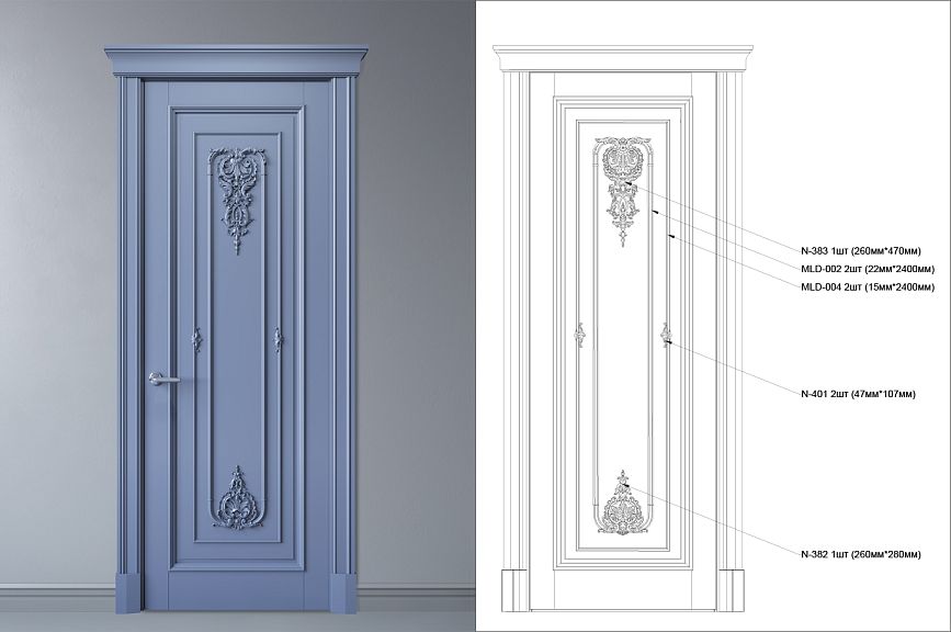 Classic blue door with decorative carving and technical drawing of details for decoration.