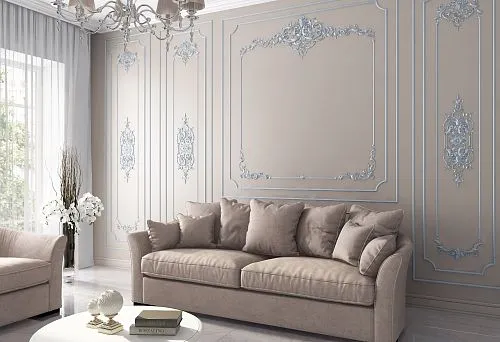 Elegant sofa with neutral beige upholstery and wooden frame