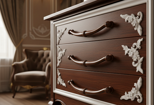Деревянные мебельные ручки на классическом комоде с декоративными накладками &mdash; пример того, как фурнитура из дерева поддерживает образ традиционного интерьера и классической мебели