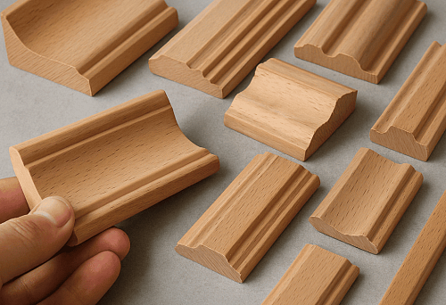 Various wooden baseboards on a neutral background, showcasing a variety of profiles and shapes for stylish interior design