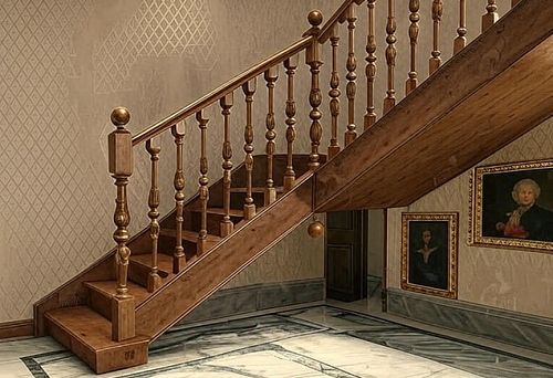 Wooden staircase with classic balusters and solid posts, interior with marble floor and portraits on the walls