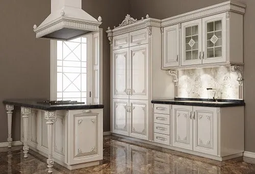 Classic Kitchen with a Solid Wood Dining Table in Light Tone with Carved Decor