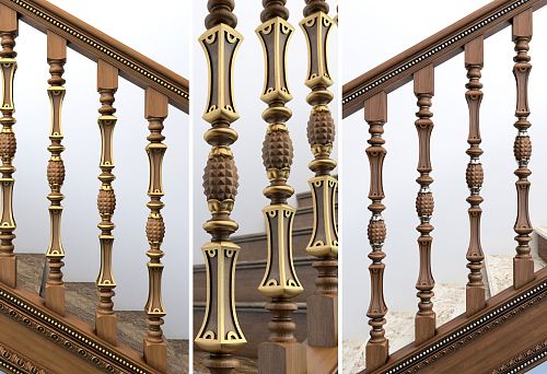 Collage of Three Photographs of Carved Wooden Balusters with Refined Decorative Elements and Bronze Inlays.