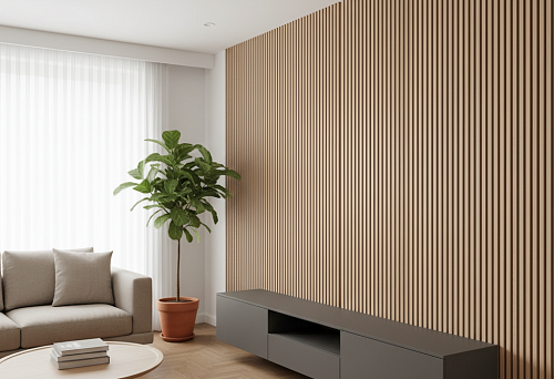 Thin wooden slats on the wall in a modern living room interior