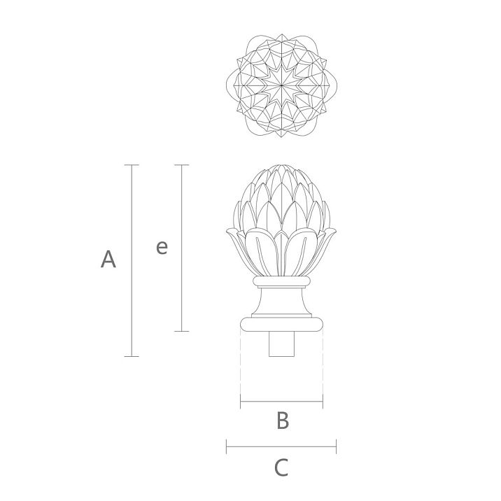 Finial for post L-057 made of wood with an artichoke illustration drawing