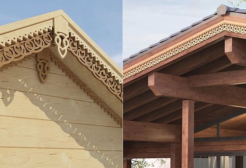 Facade of a wooden house with carved decorative cornice in Russian style.