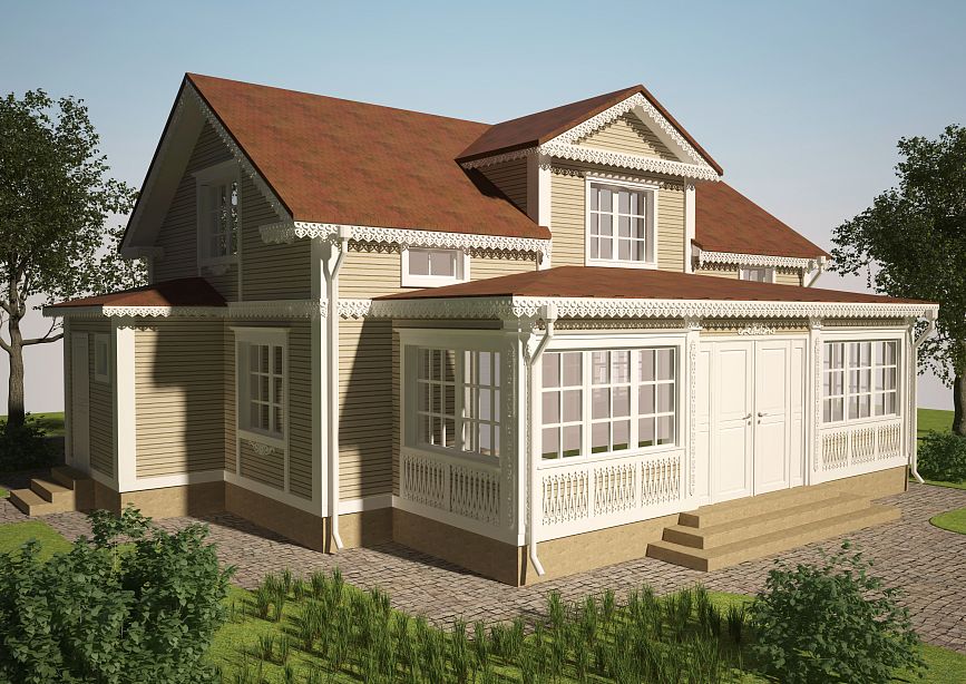 Two-story wooden house with white carved ornaments and veranda.