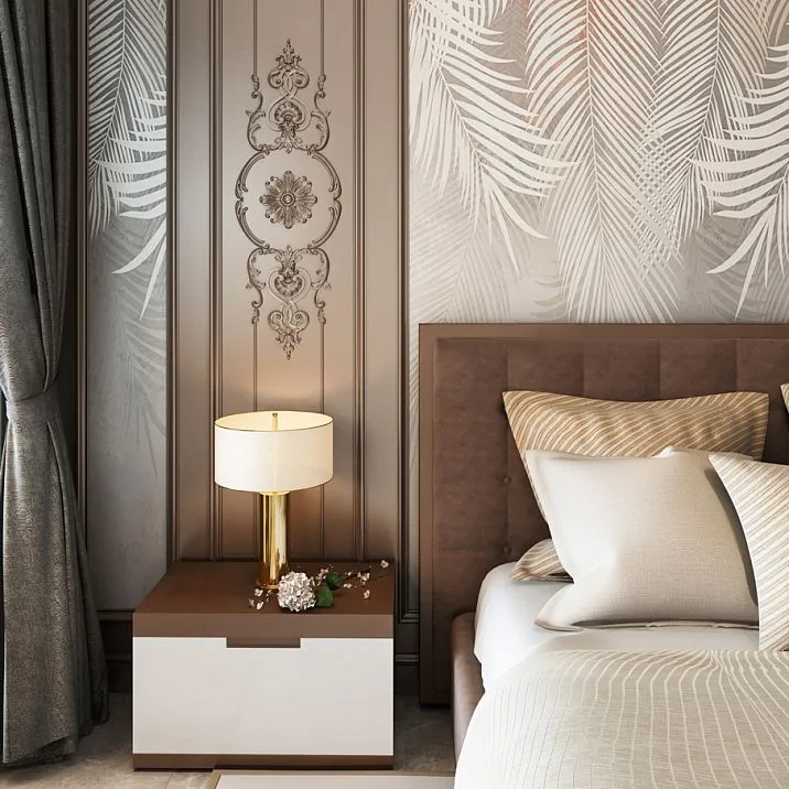 Carved details on the wall in the bedroom, wooden decor set C-017