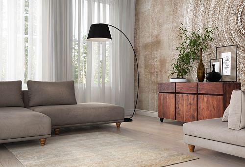 cozy living room interior in wood finish