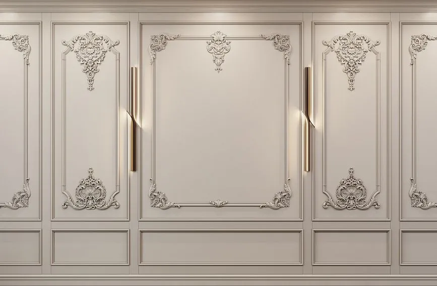Classic wall panels with carved decoration, elegant moldings, and built-in modern sconces in a golden frame.