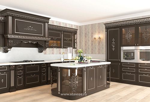 Luxury kitchen furniture in classic style with dark fronts and silver carving