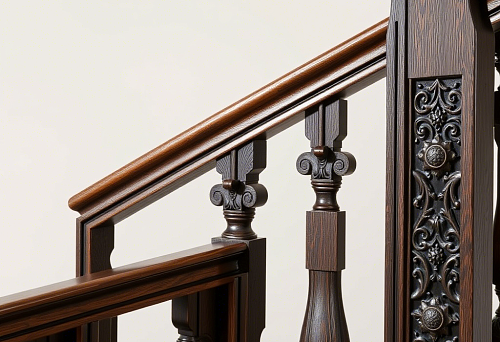 Carved dark wooden balusters on the staircase, traditional Mordovian ornament