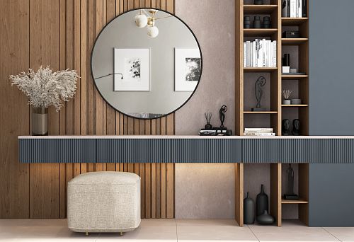 Stylish wooden shelves in a modern interior with a mirror, decorative elements, and bookshelves.