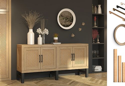 Interior with mirror in wooden frame on dark wall