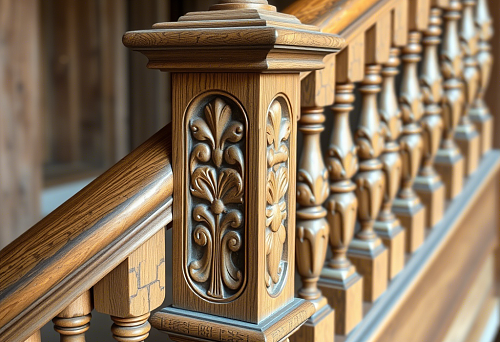 Carved wooden balustrade with expressive ornament, close-up against a staircase railing made of solid wood