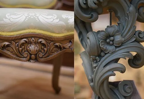 Close-up of floral pattern on carved furniture frame, highlighting the classic style of the sofa
