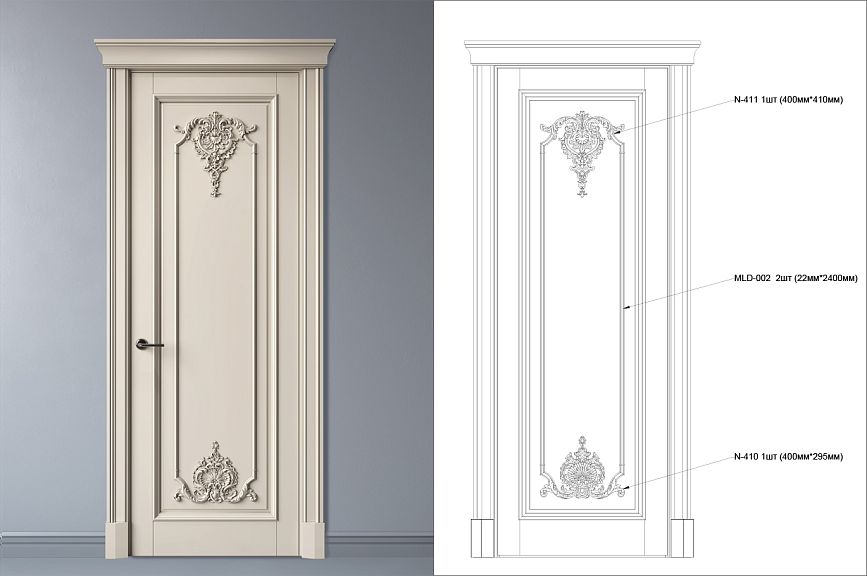 Interior door with classic carved decoration and drawing with dimensions of decorative elements