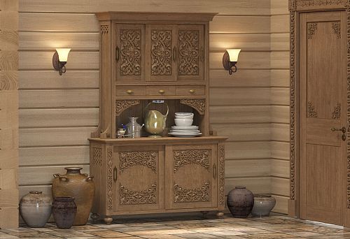 Kitchen interior in Russian style with carved wooden buffet