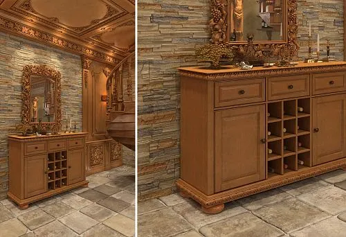 Modern interior, chest with carved wooden decor and details, mirror in carved frame