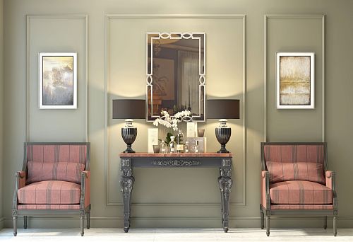 Coffee table made of natural wood with carving in a classic interior