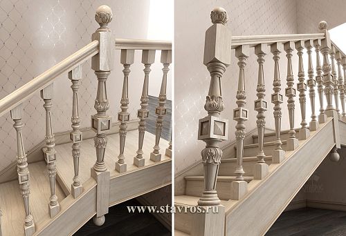 Profiled balusters with carving and square elements on a light wooden staircase