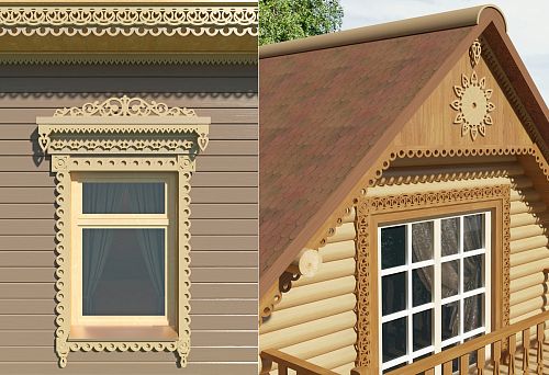 Wooden house with carved window and casing in Russian style against the facade.