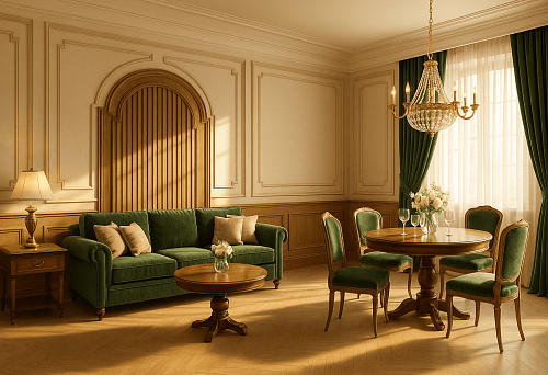 Elegant Living Room with MDF Slat Wall Cladding and Green Sofa